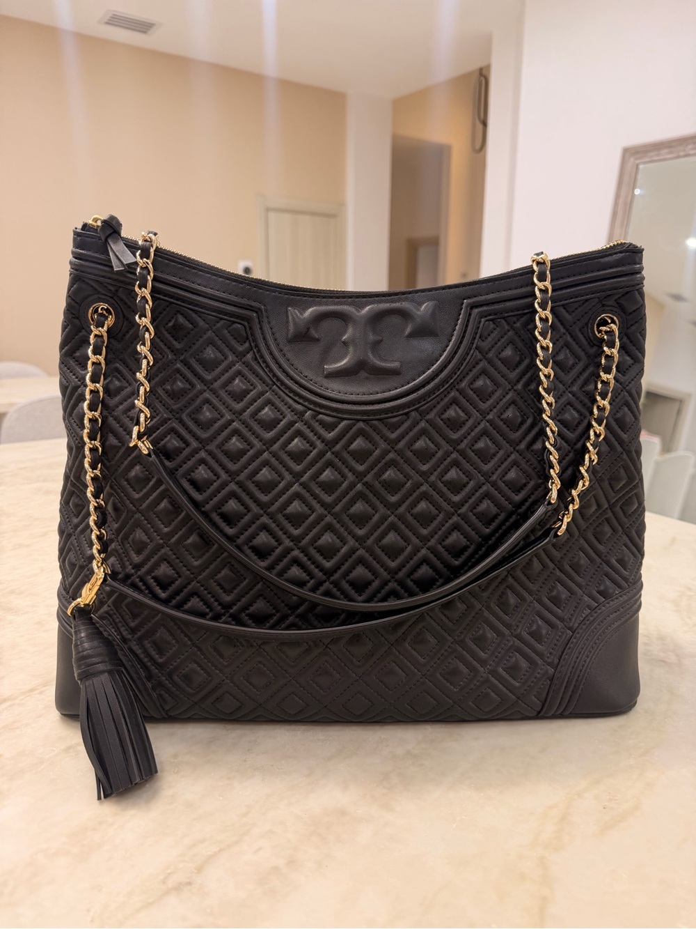 Tory Burch Black Quilted Leather Shoulder Bag with Gold Chain